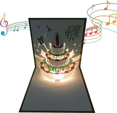 Light Birthday Cake, Pop Up Birthday Cards, Musical Birthday Cards, Tårta Design, Pop Up 3d, 3d Birthday Card, Pop Up Greeting Cards, Birthday Cake Card, Music Happy