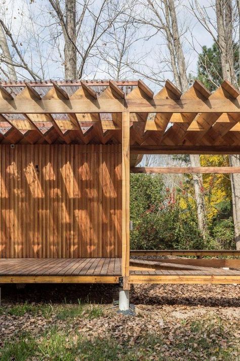 Wood Model Architecture, Lattice Roof, House In Forest, Joshua Tree House, Wooden Path, Timber Architecture, Wooden Shades, Roof Ideas, Garden Pavilion