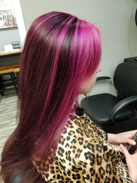 Pink And Purple Streaks, Pink And Purple Hair Highlights, Purple Skunk Hair, Draculaura Hair, Purple And Pink Hair, Kpop Hair Color, Pink And Purple Hair, Skunk Hair, Pink Ombre Hair