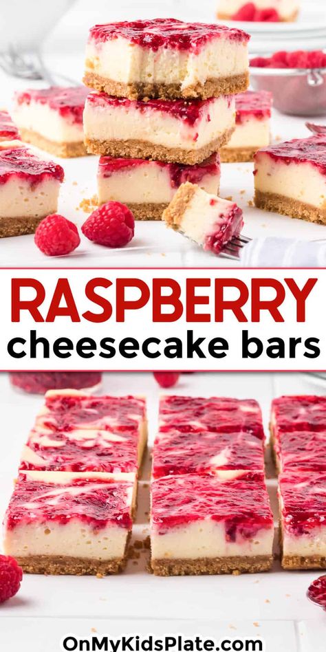 Raspberry cheesecake bars stacked and sliced on the counter with title text overlay in the center of the image.