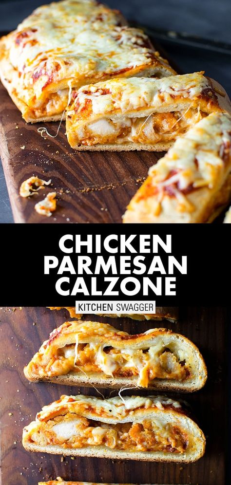 Chicken parmesan calzone recipe. The only calzone recipe you’ll ever need—a chicken parmesan calzone filled with crispy chicken, Parmesan, and mozzarella cheeses. Layered with cheese and sauce on top. The perfect gameday appetizer or dinner for 2-4 #calzonerecipes #chickenparmesan #calzone Good Dinner Recipes For Two, Best Ever Dinner Recipes, Din Er Recipes, Creative Chicken Dinners, Simple Dinner Recipes Sausage, Dinner Recipes For Four People, Dinner Recipe Ideas For Two, Chicken Parmesan Calzone, Filling Recipes Dinner