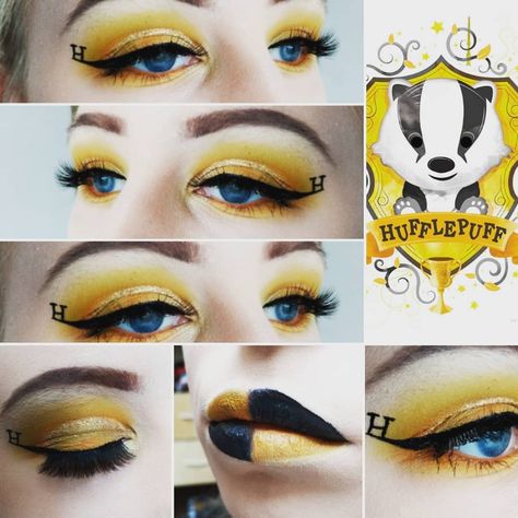 #hufflepuff #hufflepuffmakeup #hufflepuffhouse #harrypotter #harrypottermakeup #harrypotterhufflepuff #yellow #hufflepuffinspiration Hufflepuff Makeup Eyes, Hufflepuff Eye Makeup, Harry Potter Makeup Looks Hufflepuff, Hufflepuff Makeup Looks, Hufflepuff Halloween Costume, Hufflepuff Makeup, Hufflepuff Nails, Maquillage Harry Potter, Hogwarts Oc