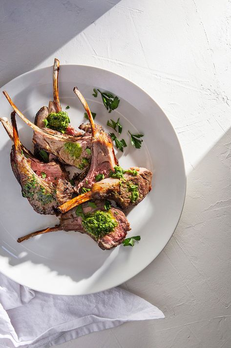 Cooked styled lamb with mint Lamb Chop Plating, Plating Lamb Chops, Lamb Chop Aesthetic, Lamb Food Photography, Lamb Saddle Fine Dining, Dream Boards, Lamb Shoulder, White Food, Grilled Lamb