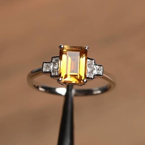 citrine cocktail party ring natural citrine ring emerald cut Citrine Halo Ring, Silver Solitaire Engagement Ring, Yellow Gemstone Ring, Citrine Ring Engagement, Elegant Rings, Black Spinel Ring, Yellow Ring, Marquise Cut Engagement Ring, November Birthstone Ring