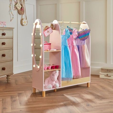 Montessori Dressing Area, Sobe Za Devojcice, Princess Dress Rack, Princess Room Shelves, Dress Up Rack, Wooden Dress, Child Wardrobe Furniture, Storage For Shoes, Kids Climbing Frame