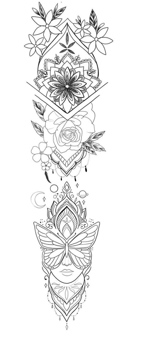 Tattoo Ideas Female Mandala Arm, Tattoo Arm Female, Women’s Arm Sleeve Tattoo Ideas, Boho Tattoo Sleeve For Women, Back Tattoo Women Stencil, Mandala Tattoo With Flowers, Leg Tattoo Template, Tattoo Sleeve Designs Women, Tattoos No Shading