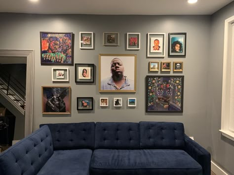 Gallery Wall in my living room featuring my favorite CDs and artists. #gallerywall #hiphop #art #homedecor #homedecoration #DIY #interiordesign #westelm #philly #rowhome Hip Hop Decor Living Rooms, Diy Masculine Wall Art, Gallery Wall Masculine, Art For Guys Apartment, Hip Hop Gallery Wall, Hiphop Room Ideas, Hiphop Bedroom, Indie Apartment Decor, Masculine Gallery Wall