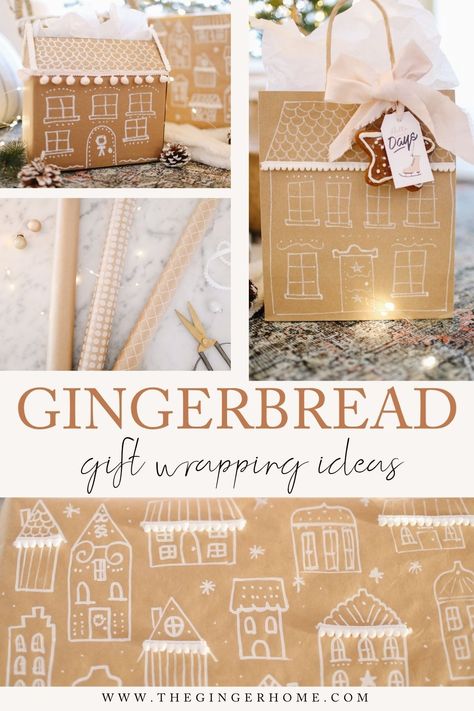 Gingerbread Holiday Gift Wrap Ideas Gingerbread House Wrapping, Holiday Gift Wrap Ideas, Rustic Gift Wrapping, Christmas Present Wrap, Ginger Bread House Diy, Easy Gingerbread, Gift Wrap Ideas, House Gift Box, Gingerbread Gifts