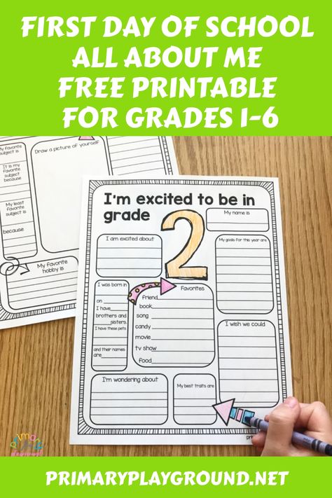 Welcome the students back to school and find out a little bit about them! This free printable first day of school All About Me gives your students an opportunity to tell you all about themselves. From things about their family, what they are good at, what they’re nervous about and so much more. It is a valuable tool for gaining helpful information that will help students succeed in your classroom. Perfect for back to school. First Day Of School Printables Free 2024, First Day Of School Questionnaire Free Printable, First Day Of School Printable 2023-2024, First Day Of School Printables Free 2023-2024, School All About Me, Free Printable First Day Of School Signs 2024-2025, School Template, Printables Free Kids, School Printables