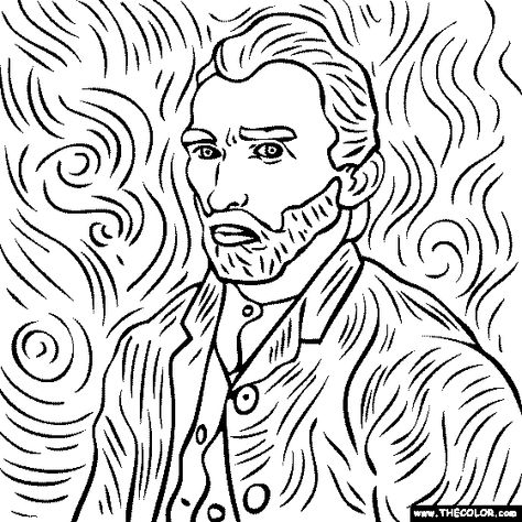 100% free coloring page of Vincent Van Gogh painting - Self Portrait. You be the master painter! Color this famous painting and many more! You can save your colored pictures, print them and send them to family and friends! Van Gogh Self Portrait Drawing, Vincent Van Gogh Coloring Pages, Famous Drawings Artists, Famous Paintings Coloring Pages, Salvador Dali Coloring Pages, Van Gogh Coloring Pages Free Printable, How To Draw Van Gogh, Van Gogh Outline, Painter Eye