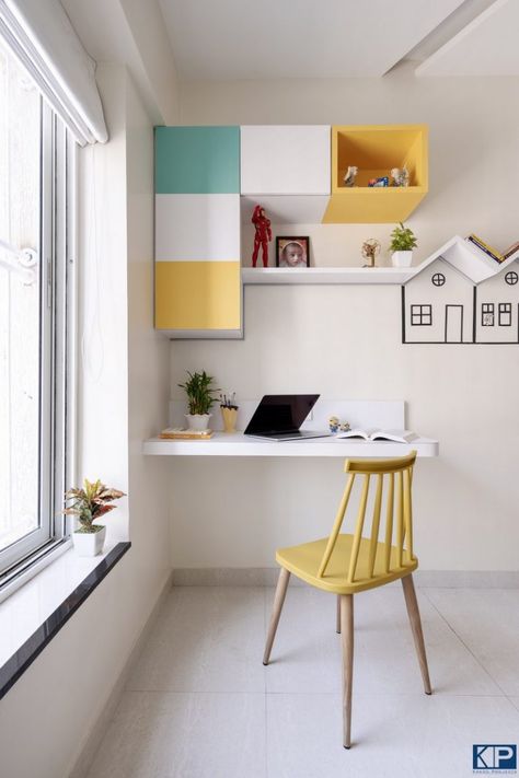 3BHK Apartment Revels A Strong Blend Of Colours And Twists | Kreon Projects - The Architects Diary Bedside Study Table Ideas, Kids Room Study Table Design, Laptop Table Design, Architect Diary, Small Study Area, Study Table For Kids, Colourful Furniture, Modern Study Rooms, Wooden Study Table