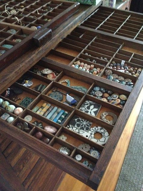 Art Bead Scene Blog: Amuse the Muse - Jewellery Packaging and Bead Storage with Rebecca of Songbead Letterpress Cabinet, Jewelry Studio Organization, Jewelry Storage Cabinet, Hello February, Jewerly Displays, Printers Tray, Bead Organization, Studio Organization, Bead Storage