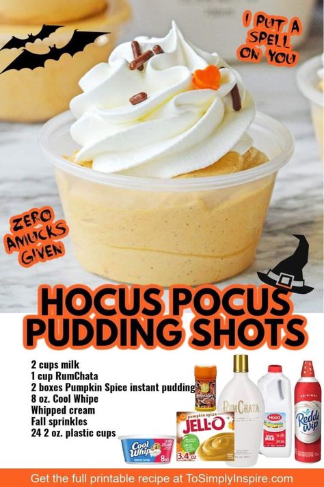 Pumpkin Pudding Shots, Halloween Pudding Shots, Halloween Pudding, Pudding Shot Recipes, Shots Alcohol Recipes, To Simply Inspire, Jello Pudding Shots, Halloween Party Drinks, Alcoholic Desserts