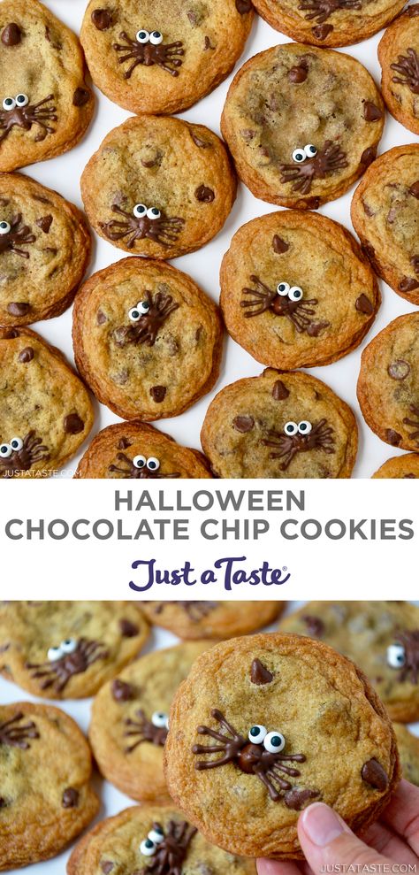 Halloween Choc Chip Cookies, Halloween Themed Cookies Easy, Spider Chocolate Chip Cookies, Ghost Chocolate Chip Cookies, Halloween Cookies With Eyes, Spooky Chocolate Chip Cookies, Spooky Cookies Easy, Chocolate Chip Cookies Halloween, Halloween Chocolate Chip Cookie Ideas