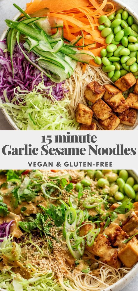 Healthy 2 Minute Noodles, Garlic Sesame Noodles, Tofu Sesame, Roasted Tofu, Vegan Noodles Recipes, Rice Noodle Recipes, Vegan Noodles, Dinner Vegan, Asian Noodle Recipes