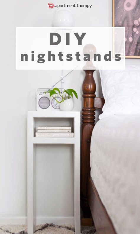 Make It Yourself: 9 Smart & Stylish DIY Nightstands for Small Spaces.  If your bedroom's too tiny for a traditional nightstand, you could try one of these 11 nightstands that are perfect for small bedrooms — or, if you're feeling especially crafty, use one of these nine DIYs to make your own. Bedside Table Small Space, Traditional Nightstand, Small Guest Bedroom, Beds For Small Spaces, Small Nightstand, Diy Nightstand, Small Bedrooms, Diy Furniture Bedroom, Table For Small Space