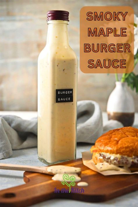 Slather your burgers with this homemade, smoky maple burger sauce. The maple syrup adds sweetness to the spicy mustard and bold hickory smoke, pairing perfectly with grilled beef burgers, pulled pork and more. Recipe at inthekitch.net #inthekitch #burgersauce #maplesyrup Maple Burger, Burger Marinade, Maple Mayo, Spicy Burger Sauce, Burger Sauces, Burger Sauces Recipe, Spicy Burger, Maple Syrup Recipes, Spicy Mustard