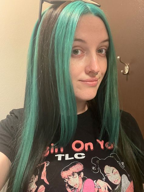 Green Chunky Highlights, Blue Chunky Highlights, Teal Highlights, Blue Hair Highlights, Dark Green Hair, Skunk Hair, Chunky Highlights, Ash Hair, Teal Hair