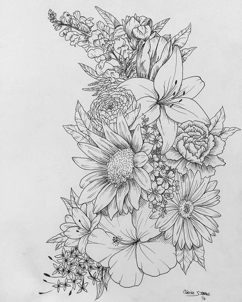 Floral tattoo. Contact me for custom drawings clairestokes93@yahoo.com. Instagram: clairestewartart. Plus my etsy is where it's at!  link to my store: https://www.etsy.com/listing/269477486/custom-drawingtattoo-design Celestial Sunflower Tattoo, Arm Flower Tattoos For Women, Wildflowers Tattoo, Octopus Tattoos, Polynesian Tattoos, Female Tattoos, Tattoo Zeichnungen, Men Tattoos, Geometric Tattoos