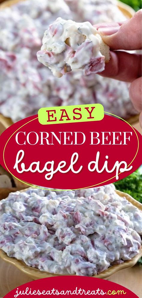 Make hosting fun with this Corned Beef Bagel Dip! This quick and easy appetizer recipe is perfect for entertaining! Add this homemade dip to your Gameday recipes or easy Thanksgiving appetizers! Bagel Dip Recipe Corn Beef, Corned Beef Bagel Dip, Bugle Dip Recipes, Dip For Football Party, Buddig Beef Dip, Corned Beef Appetizer Recipes, Bagel Dip Dried Beef, Bagel Dips, Corn Beef Dip