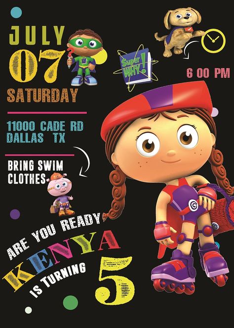 SUPER WHY BIRTHDAY PARTY INVITATION FOR GIRL #BIRTHDAY #PARTY #INVITE #BIRTHDAYPARTY #BIRTHDAYINVITE  #BIRTHDAYINVITATION #SUPERWHY #SUPERWHYINVITATION #SUPERWHYPARTY #SUPERWHYINVITE #SUPERWHYPRINTABLE #SUPERWHYBIRTHDAY  #PRINTABLES #SUPERWHYCARD #CUSTOMINVITATION #PARTYIDEAS #KIDSBIRTHDAY #KIDSPARTY #BIRTHDAYPRINTABLES Super Why Birthday Party, Super Why Party, Super Why Birthday, Birthday Party Locations, Super Why, Pbs Kids, Digital Invite, Birthday Invitations Girl, Invitation Digital