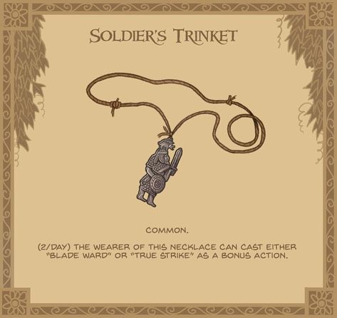 16. Soldier's Trinket - In ancient times, this simple iron trinket used to be gifted to soldiers by their loved ones before heading off to battle #DnD #magicitem #MayYouStrikeTrue #pathfinder #conceptart #fighter #warrior #saxon #medievalbling As always, check out my Twitter too!: @mrjamesgifford Fantasy Trinkets, James Gifford, 5e Items, Homebrew Items, Dnd Homebrew, Dnd Stories, Dnd Items, Magical Items, Dungeon Master's Guide