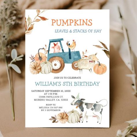 $2.09 | Fall Pumpkin Farm Animal Birthday - our little pumpkin, fall birthday party invitation, fall autumn invite, hay leaves fall birthday party, stack oh hay, fall pumpkin farm animal birthday, leaves and stacks of hay, blue pumpkin tractor invitation, 5th birthday, first birthday Fall Farm Birthday Party, Birthday Backyard, 5th Birthday Boys, Fall Farm, Animal Birthday Invitation, Farm Themed Birthday Party, Fall Birthday Parties, Blue Pumpkin, Farm Animal Birthday