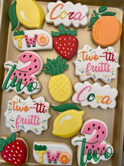 Birthday Royal Icing Cookies, Twotti Fruity, Royal Icing Cookies Recipe, Cookies Fruit, Birthday Second, Two Birthday, Fruit Cookies, Cookies Sugar, Strawberry Lime