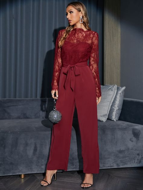 Burgundy Elegant  Long Sleeve Polyester Plain Culottes Embellished Non-Stretch Spring/Fall Women Jumpsuits & Bodysuits Burgundy Jumpsuit Wedding, Maroon Jumpsuit Outfit, Burgundy Pantsuit, Prom Pantsuit, Lace Jumpsuit Outfit, Red Lace Jumpsuit, Maroon Gowns, Bridesmaid Jumpsuit, Maroon Bridesmaid