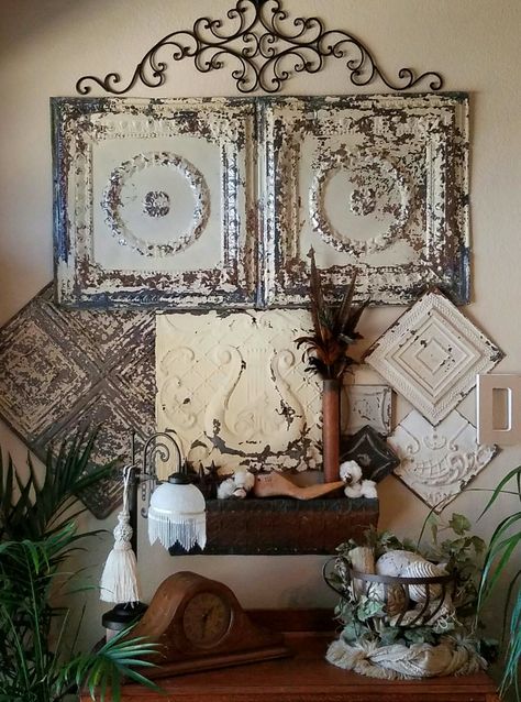 Ceiling Tile Wall Decor, Metal Ceiling Tiles Repurposed, Old Ceiling Tiles Ideas, Tin Ceiling Tiles Ideas, Tin On Walls Ideas, Ceiling Tiles Crafts, Ceiling Tiles Art, Ceiling Tins, Winter Entryway