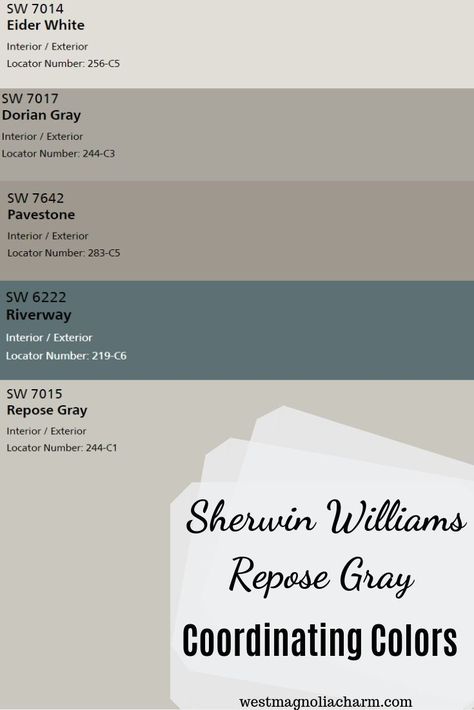 Repose Gray by Sherwin Williams - West Magnolia Charm Sherwin Williams Riverway Exterior, Sherwin Williams Riverway Color Palettes, Riverway Sherwin Williams Kitchen, Riverway Sherwin Williams Exterior, Colors That Go With Repose Gray, Gray Whole House Color Scheme, Riverway Sherwin Williams, Repose Gray Coordinating Colors, Sherwin Williams Riverway