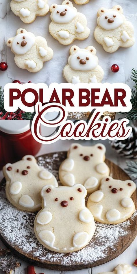 Polar Bear Cookies Ingredients: Cookie Dough 3/4 cup butter 1/2 cup cream cheese 1 1/2 cups granulated sugar 1 egg 2 tsp vanilla extract 3 cups all-purpose flour 1 Tbsp cornstarch 1/2 tsp baking powder 1/2 tsp salt Vanilla Buttercream Frosting 1 cup unsalted butter 1 Tbsp vanilla paste or extract 1/2 tsp salt 3 1/2 cups powdered sugar 1/4 cup heavy cream Decorations 1 cup white sanding sugar 30 large chocolate chips Round, black sprinkles Round red or pink sprinkles #Polarbears #Cookies Polar Bear Cookies, Pink Sprinkles, Sanding Sugar, Italian Christmas Cookies, Easy Christmas Treats, Vanilla Buttercream Frosting, Vanilla Paste, Bear Cookies, Italian Christmas