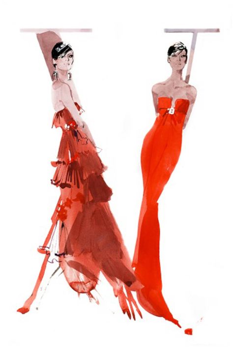 Women In Red, David Downton, Fashion Illustration Sketches, Illustration Fashion Design, Fashion Art Illustration, Fashion Illustrator, Fashion Design Sketches, Fashion Painting, Mode Vintage