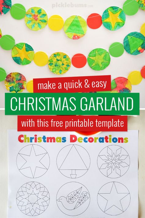 Keep the kids busy making this gorgeous Christmas garland using the free printable template and a simple art technique. Easy Christmas Garland, Diy Christmas Tree Garland, Holiday Art Projects, Christmas Tree Template, Diy Christmas Garland, Christmas Decorations Garland, Easy Art, Christmas Classroom, Free Christmas Printables