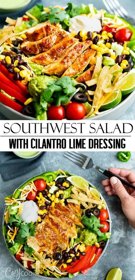 Southwest Salad With Chicken, Loaded Southwest Chicken Salad + Homemade Honey Lime Dressing Recipe, Salad With Cilantro Dressing, Southwest Cobb Salad, Cilantro Lime Chicken Salad Recipe, Southwest Chicken Salad Dressing, Healthy Southwest Chicken Salad, South West Salad Recipes, Healthy Southwest Salad