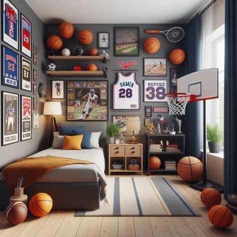 Basketball Themed Bedroom, Sports Themed Bedroom, Sports Room Boys, Boy Sports Bedroom, Basketball Bedroom, Basketball Room, Teenage Boy Room, Sport Bedroom, Boys Bedroom Makeover