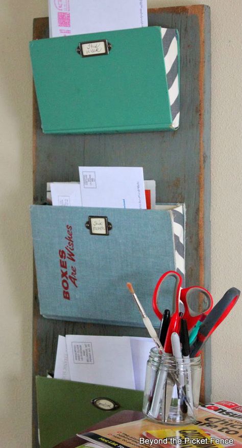 VOTE for this easy, old book mail organizer! Diy Mail Organizer, Upcycled Books, Diy Mail, Office Organizing, Mail Sorter, Book Craft, Recycled Book, Crochet Stars, Command Center