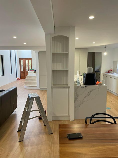 Kitchen With Beam Support, Hiding Support Beams, Kitchen With Support Beam, Kitchen With Beam, Beam In Kitchen, Hampton Kitchen, House Addition, Support Beam, Support Beams