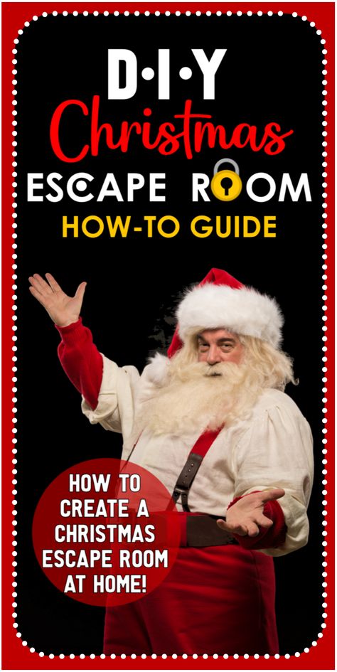 Set up your very own Christmas Escape Room this Holiday Season with this How-To Guide! Santa has been locked away by a naughty little elf and it's your guests job to find and solve the challenges and discover the magic lock combination to release Santa and Save Christmas! Christmas Eve Scavenger Hunt, Christmas Eve Games For Adults, Escape Room Gift Ideas, Christmas Surprise Ideas, Advent Escape Room, Christmas Eve Party Ideas, Nativity Escape Room, Escape Room Christmas, Escape Room Ideas