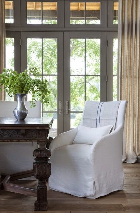 The elements of Timeless California Style - neutrals layered with the historical decorative elements of the early Spaniards - today on Hadley Court Rough Luxe, Design Blogs, Transom Windows, Linen Chair, French Doors Interior, Design Minimalista, Slipcovers For Chairs, French Doors, Great Rooms