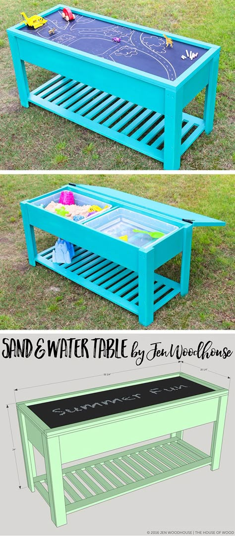 Learn how to build a fun DIY sand and water table for your kids! Free plans by Jen Woodhouse Diy Sand And Water Table, Jen Woodhouse, Water Tables, Sand And Water Table, Woodworking For Kids, Sand Table, Water Table, Play Table, Backyard Play