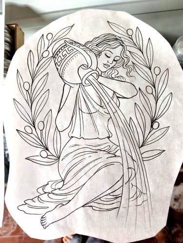 Water Back Tattoo Women, Aquarius Goddess Tattoos For Women, Water Woman Tattoo, American Traditional Aquarius Tattoo, Aquarius Women Tattoo, Aquarius Sketch, Harvest Tattoo, Aquarius Goddess Tattoo, Water Bearer Tattoo