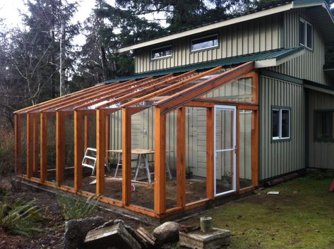 Greenhouse Attached To House, Greenhouse Addition, Concrete Foundation, Glass Greenhouse, Lean To Greenhouse, Bleak House, Porch Addition, Barns Sheds, Metal Barn