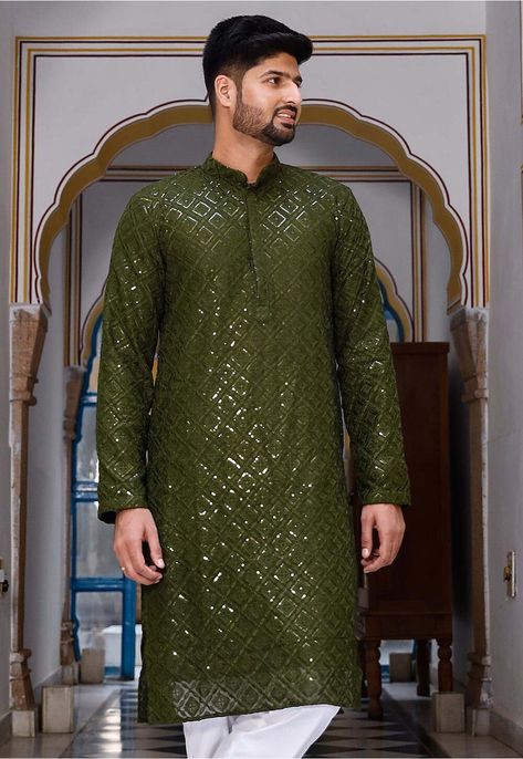 Faux Georgette Kurta in Olive Green This Readymade attire is Enhanced with Pockets, Resham, Sequins Work. Crafted in Chinese Collar Neck and Full Sleeve Do note: Bottom and Footwear shown in the image is for presentation purposes only. Half to one inch may vary in measurement. (Slight variation in actual color vs. image is possible) Mehendi Kurta For Men, Mehndi Kurta For Men, Georgette Kurta, Vs Image, Sangeet Outfit, Kurta For Men, Mehndi Ceremony, Kurta Men, Bridal Mehendi