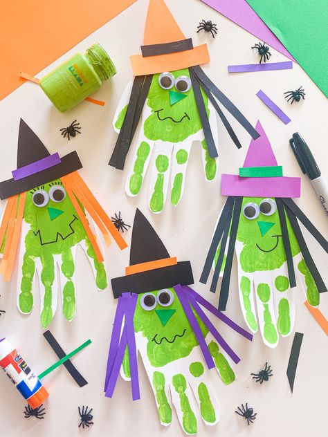 12 EASY Halloween Handprint Crafts - ABCDee Learning Halloween Kita, Halloween Handprint Crafts, Halloween Handprint, Bricolage Halloween, Halloween Infantil, Ghost Crafts, Halloween Crafts Preschool, Halloween Crafts For Toddlers, Halloween Classroom