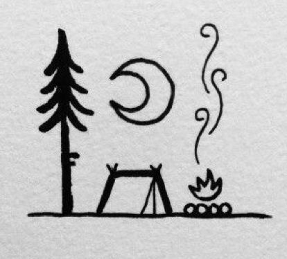 Campsite Drawing Easy, Scout Tattoo Ideas, Scout Drawing, Camping Drawings, Campfire Drawing, Adventure Drawing, Camping Tattoo, Travel Tattoo Ideas, Scene Tattoo