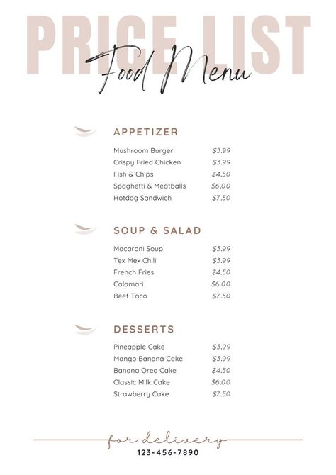 Tex Mex Chili, Hotdog Sandwich, Macaroni Soup, Price List Design, Mushroom Burger, A4 Document, Snack Shop, Price List Template, Milk Cake