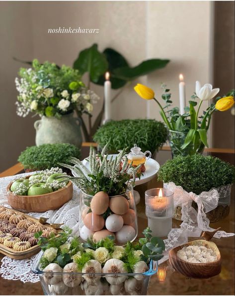 Modern Haftseen, Nowruz Photography, Haft Seen Ideas, Nowrooz Decor, Haftsin Design Modern, 7sin Norooz Design, Haft Seen Modern, Easter Food For Kids, Nowruz Decoration