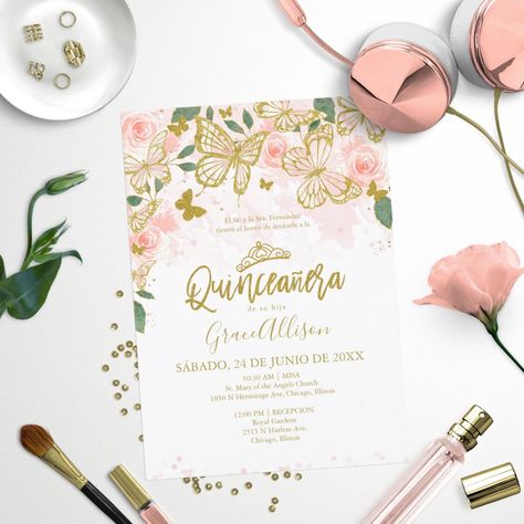 Quinceanera Butterfly Invitation Spanish Wording Butterfly Theme Quinceanera, Sweet 16 Invitation Ideas, Pink Glitter Butterfly, Theme Quinceanera, Butterfly Invitation, Quinceanera Pink, Birthday Watercolor, Invitations Quinceanera, Quinceañera Invitations