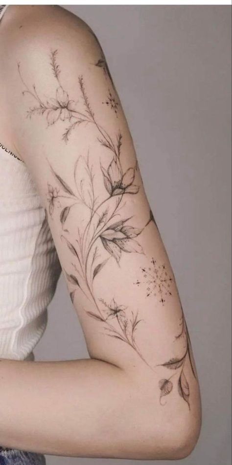 Shoulder Cap Flower Tattoo, Elegant Women Tattoos, Rose Half Sleeve Tattoos For Women, Ethereal Aesthetic Tattoo, Butterfly Tattoo Upper Arm, Feminine Tattoos Arm, Fine Line Floral Tattoo Sleeve, Botanical Tattoo Sleeve, Feminine Shoulder Tattoos